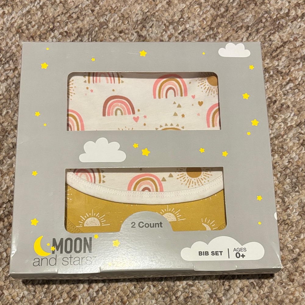 Moon and Stars Rainbow and Sun Bib Set - Pink and Yellow